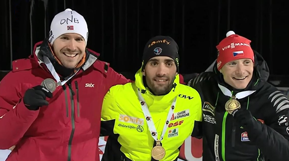 Die Sieger über 20 km im Einzel: Emil Hegle Svendsen(Silber), Martin Fourcade (Gold), Ondrej Moravec (Bronze); Bildquelle: ARD/ZDF